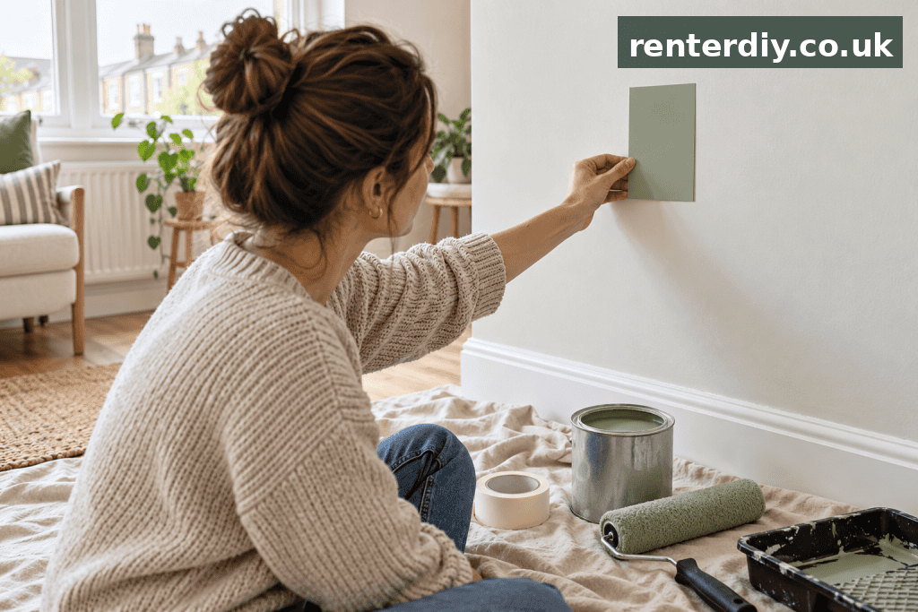 Renter checking an approved sage-green paint sample before painting a rental wall