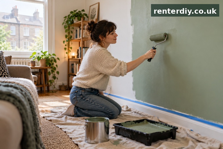 Renter painting a rental wall sage green while protecting the skirting board and floor