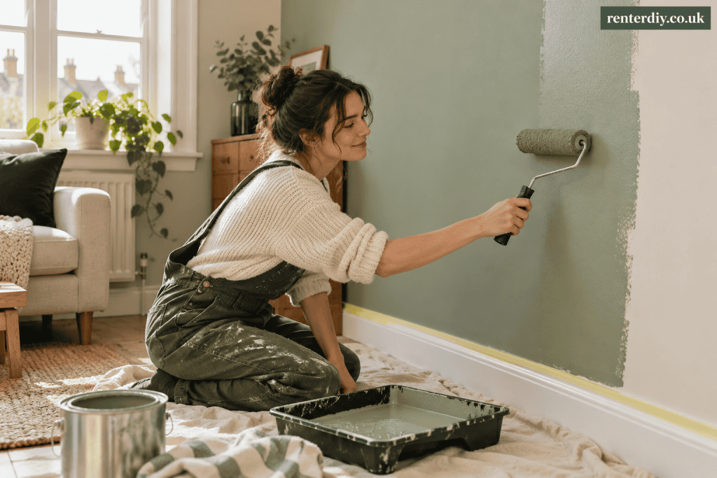 Renter painting a rental flat wall sage green