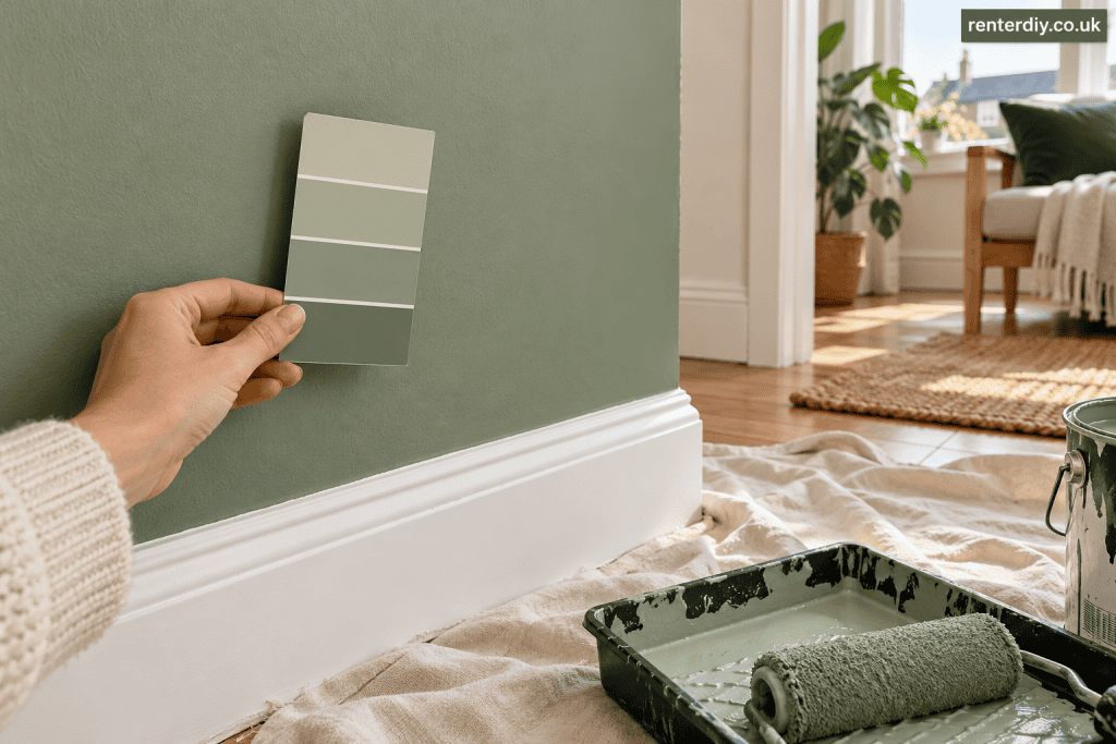 Sage wall paint colour sample for a rented flat