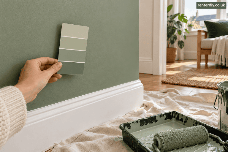 Sage wall paint colour sample for a rented flat