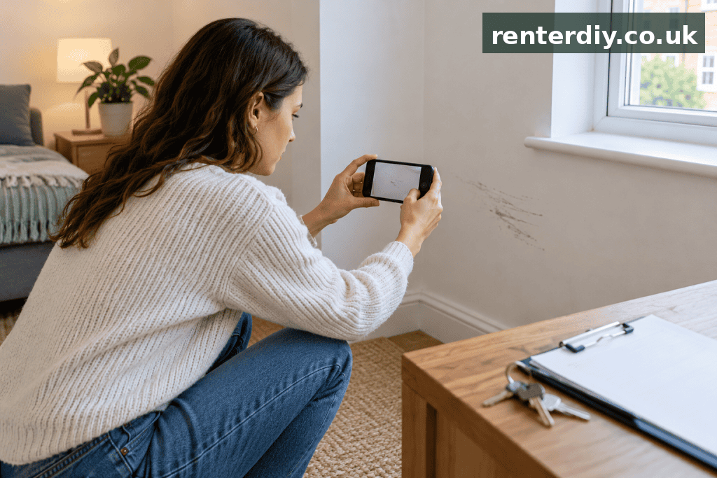 Renter photographing a wall mark at move-in to document the property condition